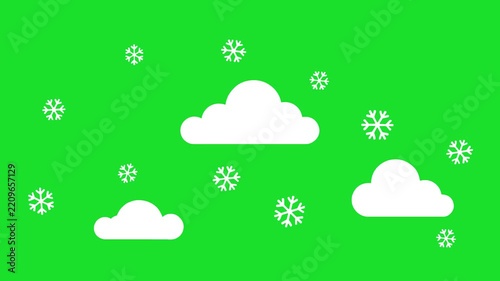 White clouds and falling snowflakes on green background.