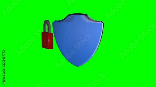 Seamless 3D shield security animation with orbiting padlock on green screen. Animation representing cyber security & protection, featuring padlock orbiting around shield while rotating on its own axis