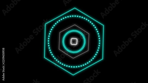 A futuristic, glowing neon-cyan geometric HUD (Heads-Up Display) animation featuring nested, rotating hexagons and dotted circular interfaces centered against a solid black background.
