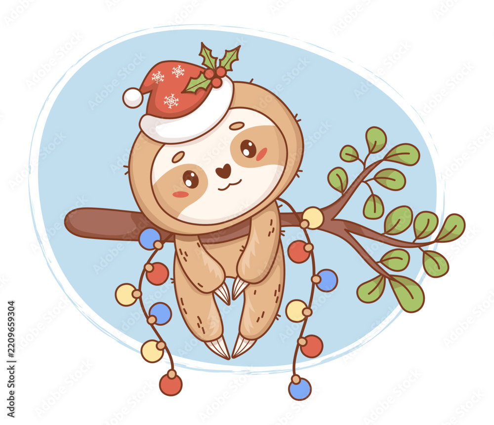Obraz premium Christmas Sloth Cute Kawaii Character. Funny Baby Animal Hanging on Tree Branch with Santa Hat with Mistletoe and Lights Garland Baubles. Vector Illustration for Winter New Year Holiday Design.