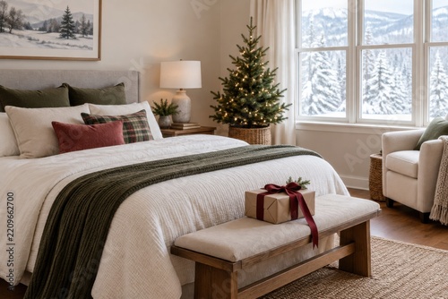 A bright spare bedroom with a miniature tree, wrapped welcome gift and snow visible through the window for Christmas marketing