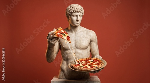 Surreal Greek Male Statue Holding Pizza Against Terracotta Background