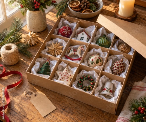A storage box of carefully wrapped heirloom-style ornaments with blank dividers and tissue for festive holiday marketing and editorial use