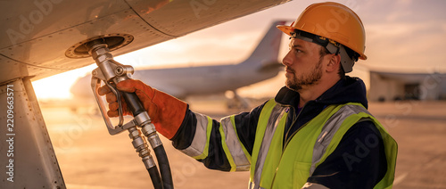 Male aviation technician fueling aircraft at airport during sunset with safety gear and equipment