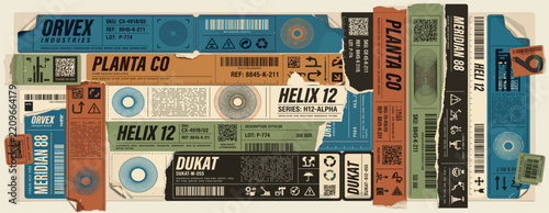 Retro futuristic industrial labels, cyberpunk aesthetics decals. Fake product sticker, cargo label, packaging tags with barcodes and technical symbols, brutalism sci-fi tech stickers vector set