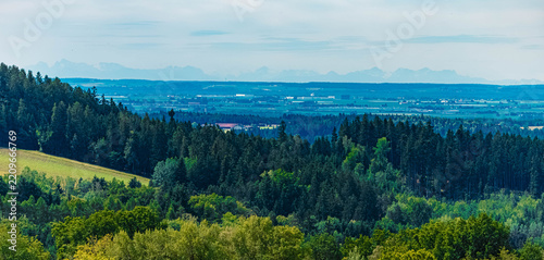 Summer landscape view with the alps in 200 Km distance seen from near Windberg, Hunderdorf, Straubing, Bogen, Bavaria, Germany
