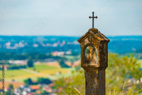 Summer landscape view with an old station of the cross near Windberg, Hunderdorf, Straubing, Bogen, Bavaria, Germany