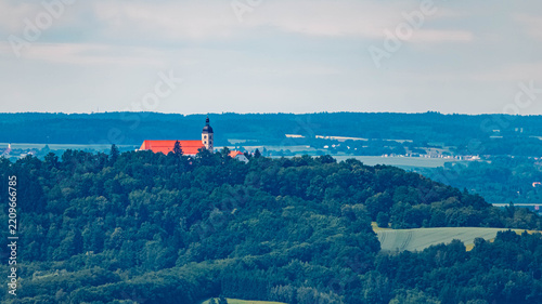 Summer landscape view with Mount Bogenberg seen from near Windberg, Hunderdorf, Straubing, Bogen, Bavaria, Germany
