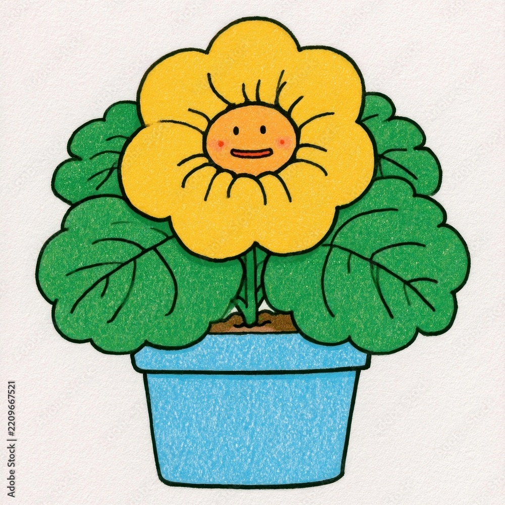 Fototapeta premium Cute flower face in blue pot illustration