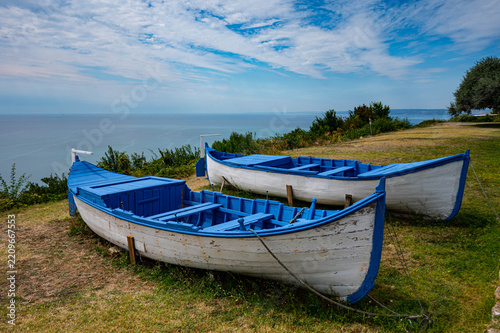 Traditional blue and white fishing boats overlooking the sea