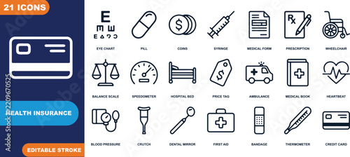 Healthcare Insurance Icons: A comprehensive set of linear icons representing various aspects of health insurance, including medical services, treatments, and financial planning.