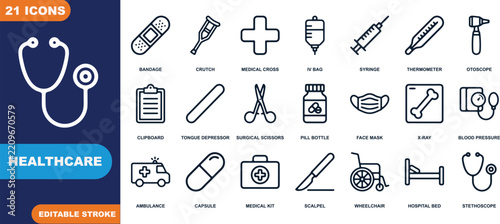 Healthcare Icons Set: A comprehensive collection of flat design icons representing various medical symbols and equipment for healthcare and medicine.