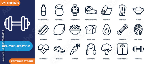 Healthy Lifestyle Icons: A collection of modern, minimalist line icons representing various aspects of a healthy lifestyle, including fitness, nutrition, and well-being.