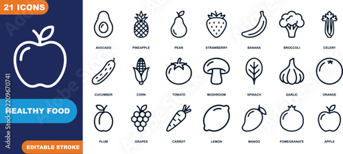 Healthy Food Icons Set: A clean and modern collection of 21 outlined icons representing a variety of fresh fruits and vegetables, symbolizing nutrition and healthy eating.