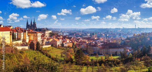 Autumn cityscape - view of the Hradcany historical district of Prague and castle complex Prague Castle, Czech Republic