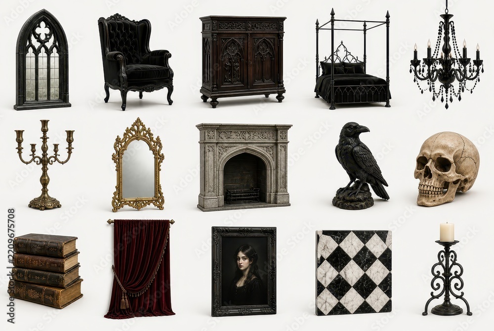 Fototapeta premium Gothic decor collection with furniture and accessories.