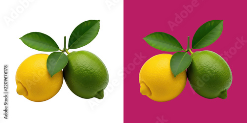 Fresh yellow lemon and green lime citrus fruits with leaves transparent png