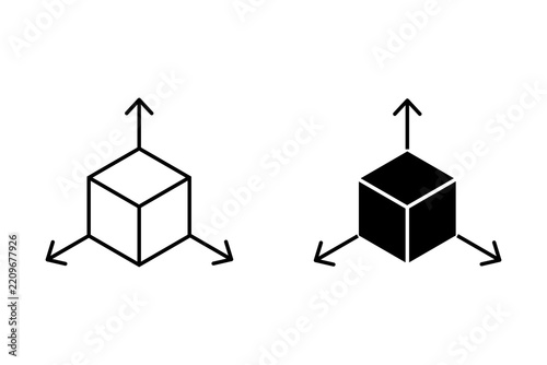 3d cube icon set with axis arrows showing depth and dimension in black and white line art style