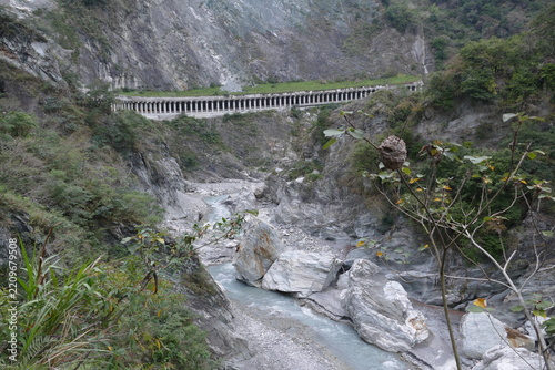 Scenic view of mountain tunnel and riverbed in Taroko Gorge National Park