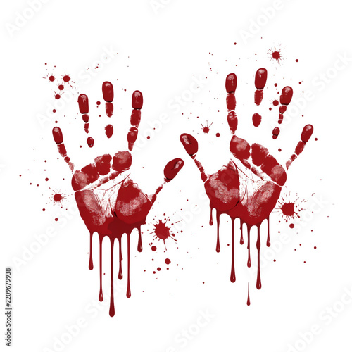 Bloody Red Handprint with Blood Drops and Grunge Splashes for Horror Murder Valentine Love and Abstract 