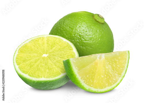 Fresh limes isolated on white. Whole and sliced