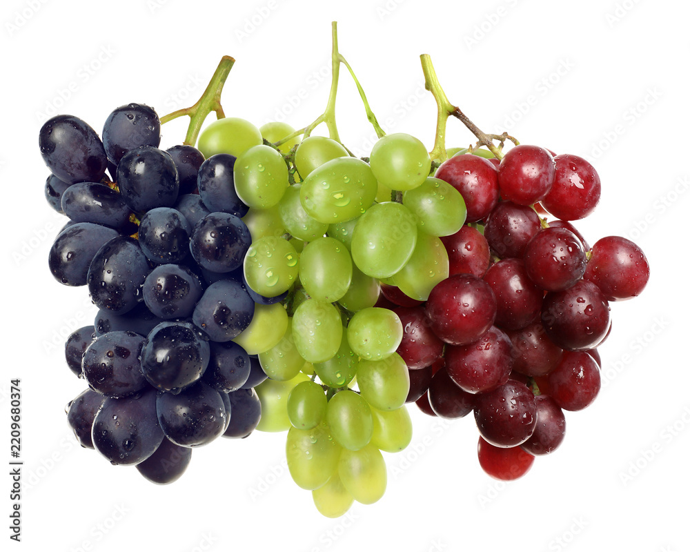 Obraz premium Bunches of fresh grapes isolated on white. Different varieties