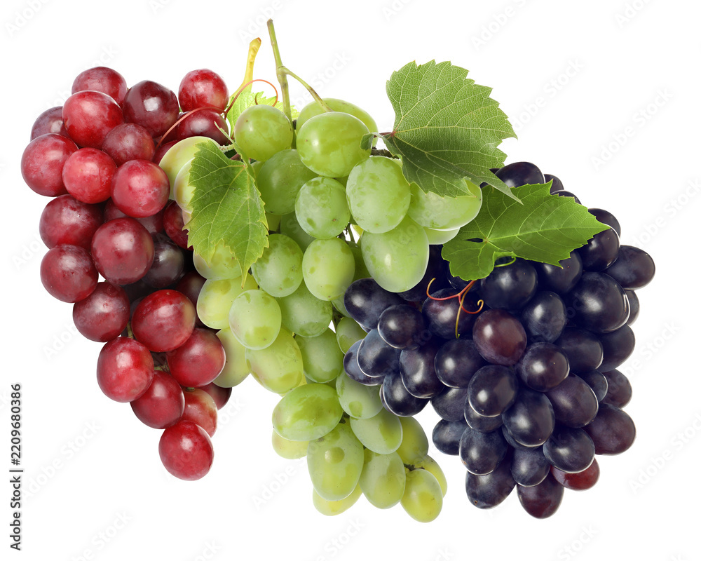 Obraz premium Bunches of red, green and black grapes isolated on white