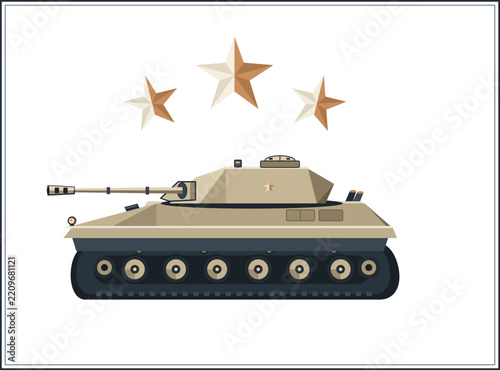 Minimalist beige tank illustration with three golden stars, vector style war icon, clean military design for graphics, badges, and digital assets