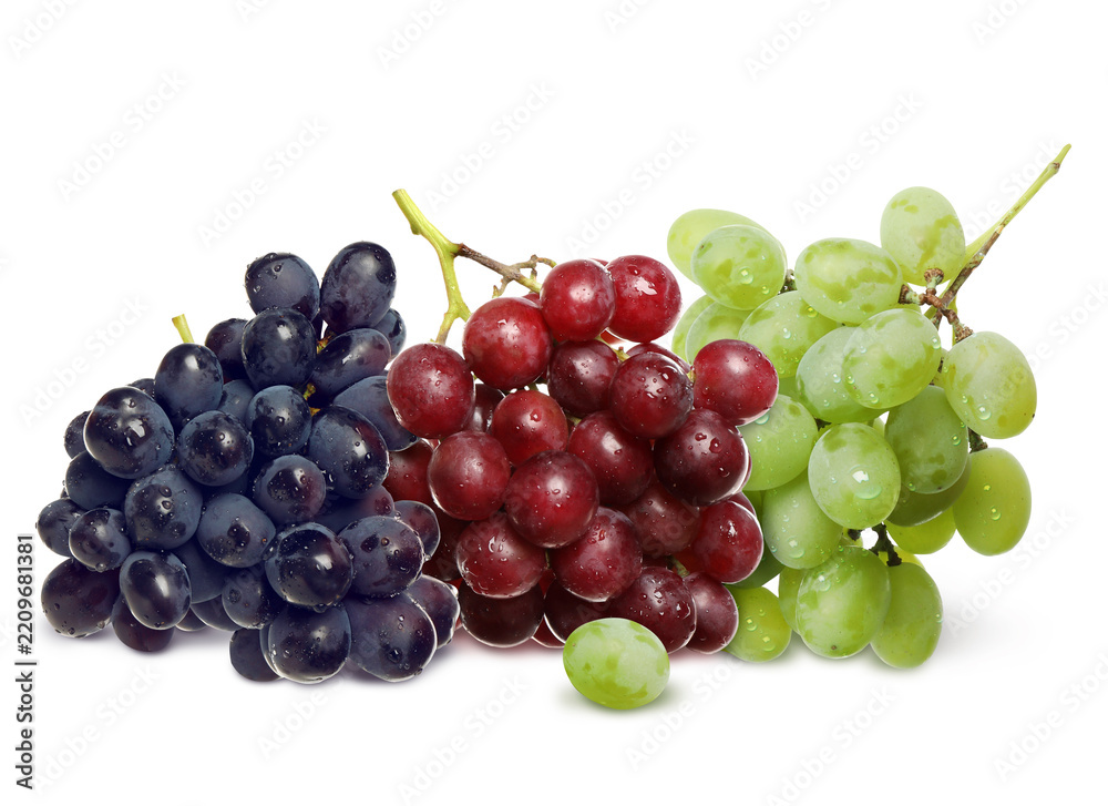 Obraz premium Bunches of fresh grapes isolated on white. Different varieties