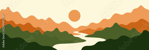 Abstract vector landscape poster. Nature wall decor contemporary art print, mid century background. Vector illustration. Flatt design style