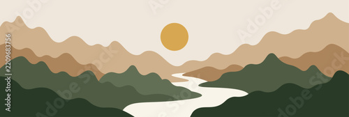 Abstract vector landscape poster. Nature wall decor contemporary art print, mid century background. Vector illustration. Flatt design style