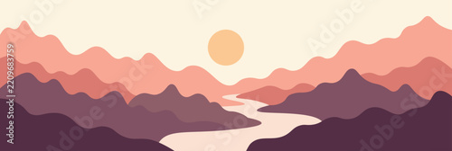 Abstract vector landscape poster. Nature wall decor contemporary art print, mid century background. Vector illustration. Flatt design style
