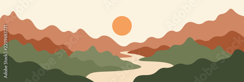 Abstract vector landscape poster. Nature wall decor contemporary art print, mid century background. Vector illustration. Flatt design style