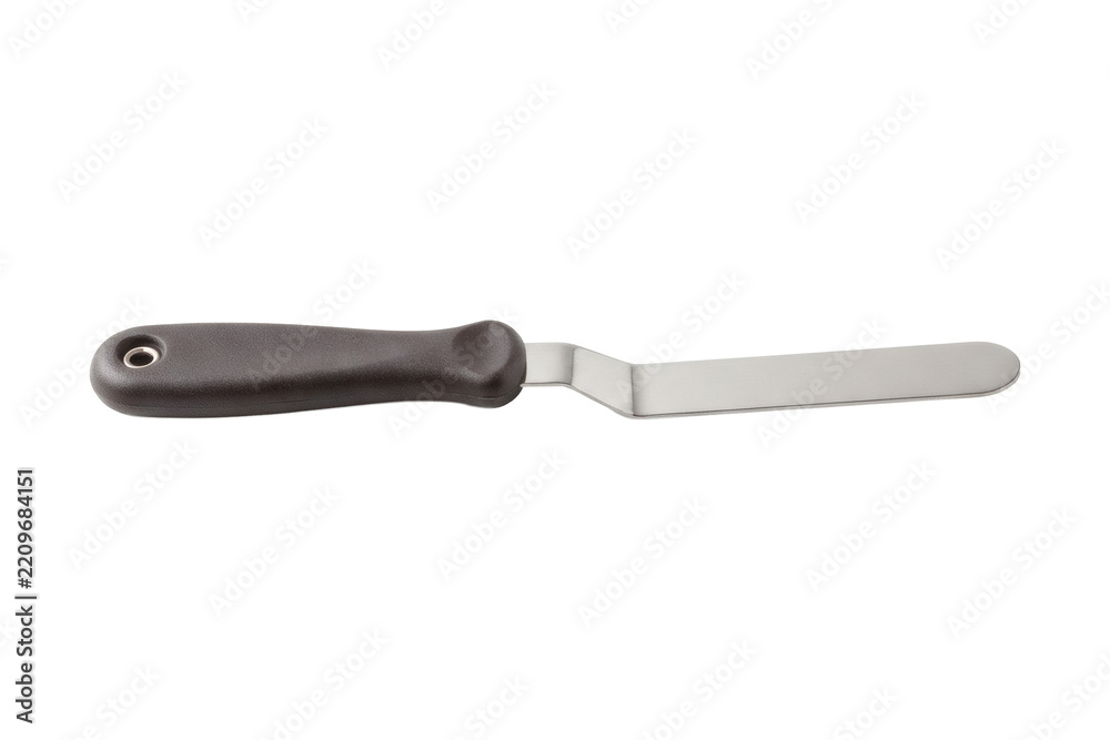 Fototapeta premium Professional stainless steel offset icing spatula featuring a comfortable black ergonomic handle designed for precise cake decorating, spreading frosting, and delicate baking tasks.