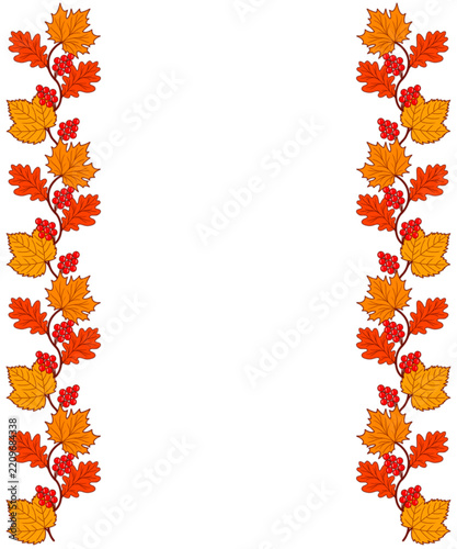 Isolated vector autumn frame featuring intertwined maple, oak, and viburnum leaves and clusters of berries on a white background. Vector illustration of the frame.