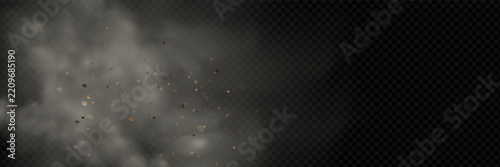 Grey explosion blast smoke on dark, flying debris particle burst impact.