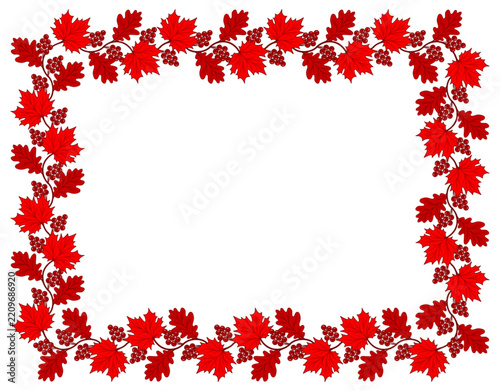 Square isolated autumn frame. Frame made of maple, oak, and viburnum leaves and berries on a white background. Vector illustration.