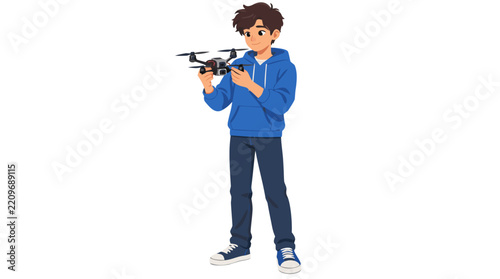 Cheerful teenage boy in blue hoodie holding quadcopter drone built for school STEM engineering project, showcasing youth innovation, technology and creativity, flat vector illustration on white