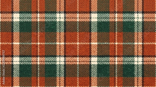 Traditional Scottish tartan plaid fabric pattern featuring rich red green and white woven threads
