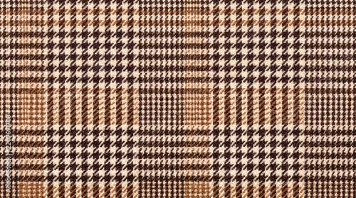 Brown and beige houndstooth wool fabric texture with checkered plaid pattern for clothing