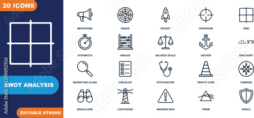 SWOT analysis icons set with icons like radar and rocket