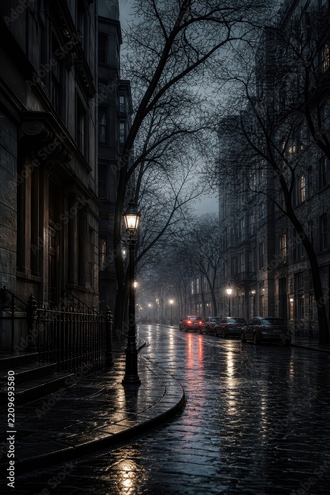 Fototapeta premium Moody rainy street with glowing lamps in a dark city