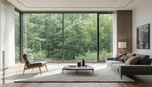 Modern minimalist living room interior with floor to ceiling windows overlooking lush green forest
