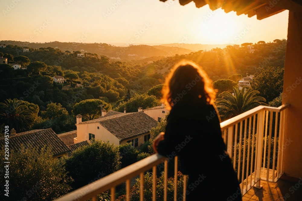 Fototapeta premium Young woman stands on balcony looking at golden sunset over green mountains. Scenic view of hills, houses in summer evening. Person enjoys peaceful landscape, warm sunlight from private terrace in