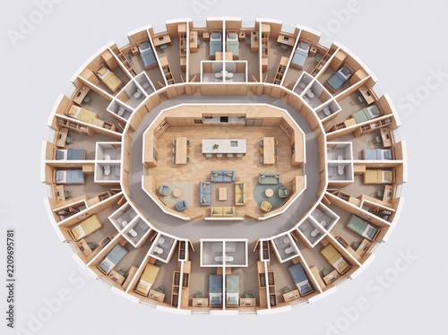 Overhead 3D floor plan of a co-living floor with shared kitchen and private rooms