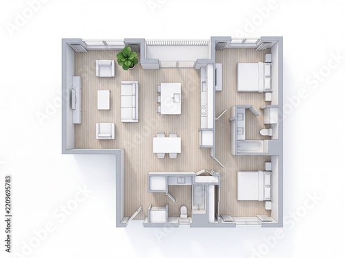 Minimal 3D floor plan of an apartment on a pure white background