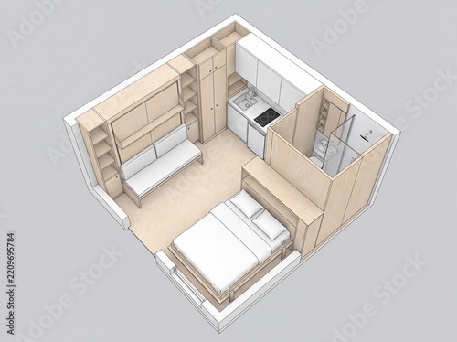 Overhead 3D floor plan of a compact micro apartment with built in storage