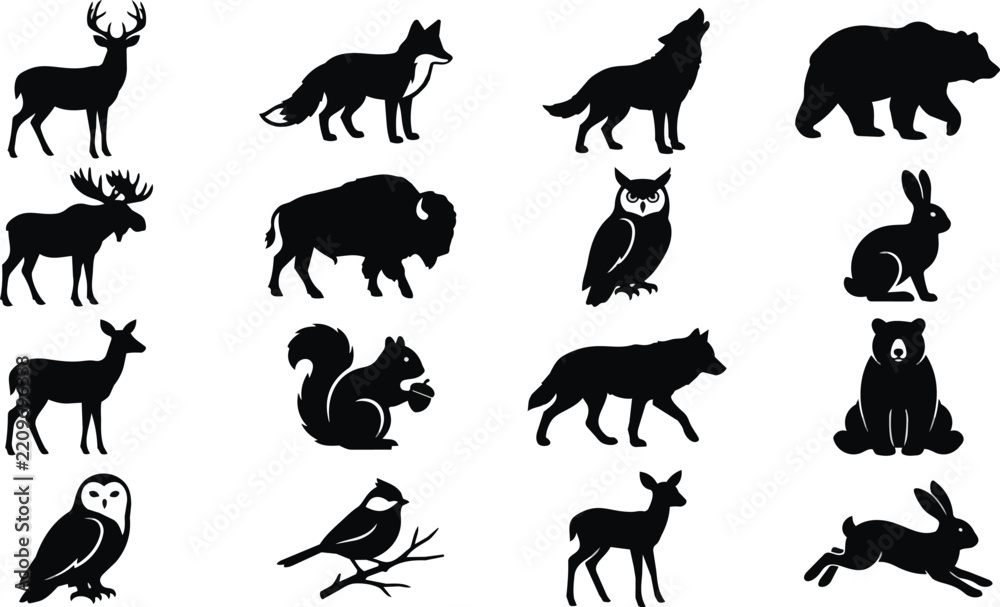 Fototapeta premium Collection of Winter Animal Silhouettes Including Reindeer, Polar Bear, Wolf, and Penguin Isolated on White Background, Vector Bundle for Christmas and Seasonal Holiday Design Projects