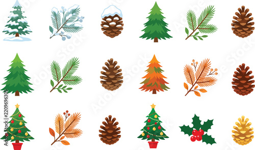 Seasonal Pine and Sprig Icons Set Featuring Detailed Botanical Evergreen Branches and Coniferous Foliage for Winter Holidays, Christmas Decor, and Nature Vector Graphic Designs