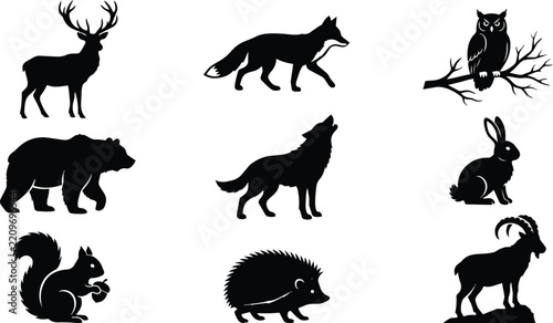Set of Winter Animal Silhouettes for Seasonal Design featuring Polar Bear, Reindeer, Wolf, Owl, and Penguin Vector Icons for Holiday Cards, Winter Landscapes, and Nature Graphics